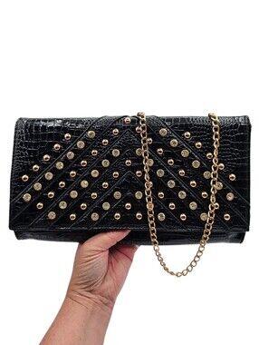 Large Black Croc Crystal Studded Clutch Purse